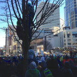 Still at 4th and Pine, but this time getting a look at some of the fans who’ve climbed up into a tree to try to see better!