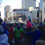 This is me getting a shot of the crowd on Pine, between 3rd and 4th. I’m facing in the direction of Westake Park and you can see all the people who’ve climbed up to sit on the fountain over in the park itself.